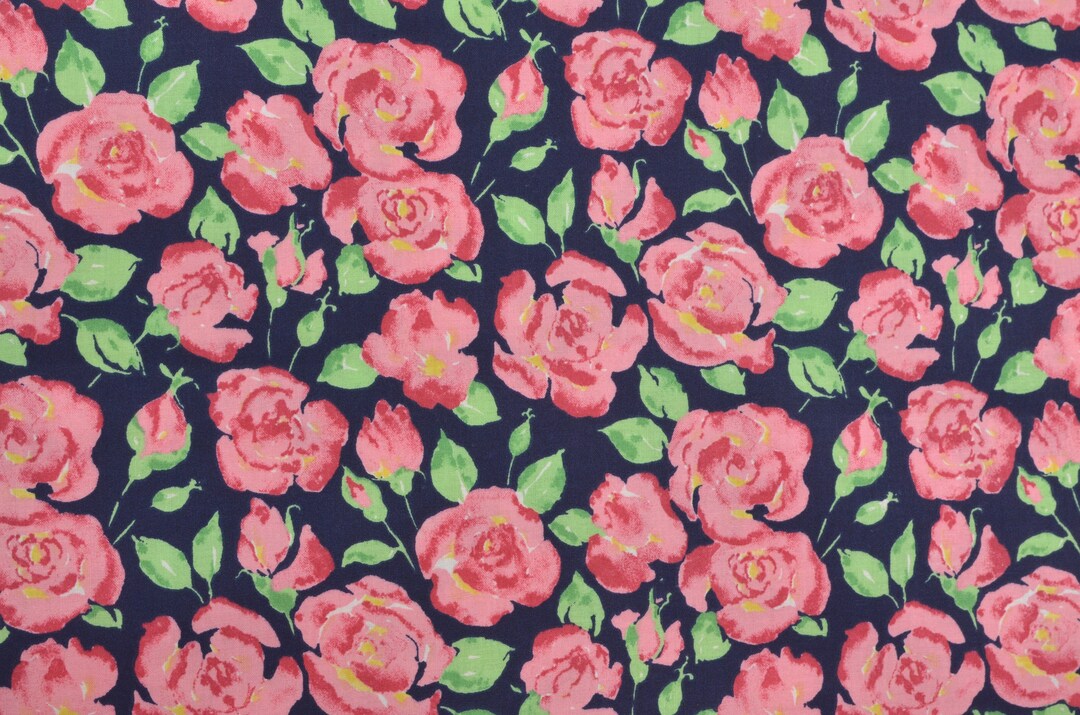 Pink Rose Floral Fabric on Navy Blue, Shabby Chic Floral, Medium Sized ...