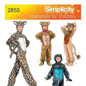 May include: Simplicity 2855 sewing pattern for children's costumes featuring four animal designs: a leopard print jumpsuit, a brown bear suit with a pink bow, a tan lion costume with a mane and tail, and a black and blue creature jumpsuit.