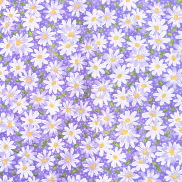 Daisy Fabric, Floral Fabric on Light Purple, White Daisies Print, Spring Summer, NEW Fabric Off the Bolt BTHY - 1/2 Yard - NF5425