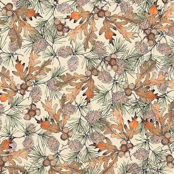 Fall Fabric, Autumn Oak Leaves Print Fabric, Cabin or Lodge Fabric, Harvest Time, Thanksgiving, NEW Fabric BTHY - 1/2 Yard - NF3487