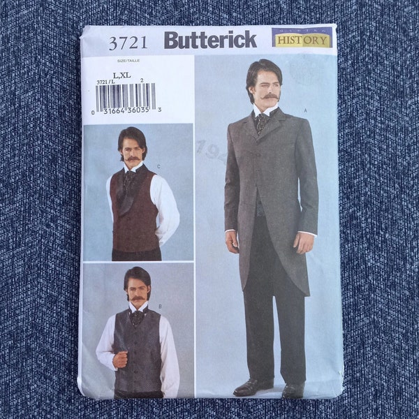 Costume Pattern, Mens Vest and Coat, Victorian, Western, Making History, Butterick 3721, Mens L Xl. UNCUT OOP RARE Pattern - CP2894