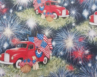 Patriotic Fabric, Susan Winget, Red Truck Fireworks, American Flags and Dogs, 4th of July, NEW Fabric BTHY - 1/2 Yard - NF4340