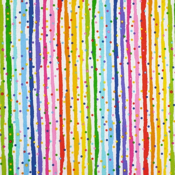 Striped Dots Rainbow Fabric, Colorful Celebration, Multi Color Dotted Stripes on White, NEW Fabric BTHY - 1/2 Yard - NF5257