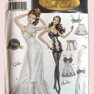May include: Simplicity Series 3 Couturier Doll Clothes sewing pattern. The pattern features illustrations of lingerie designs, including a long gown, a chemise, and other undergarments. The pattern includes the names "Gilda" and "Harlow".