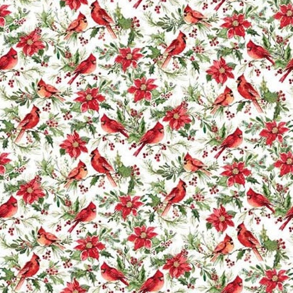 Cardinal Christmas Fabric, Watercolor Red Cardinals and Poinsettias on White, Susan Winget, NEW OOP Fabric BTHY - 1/2 Yard - HF4814