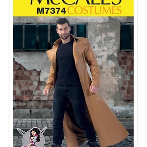 May include: A McCall's costume pattern package featuring a tan trench coat. The package has the text "McCall's" and "M7374 COSTUMES" in yellow and black. A person is wearing the coat, black jeans, and boots.