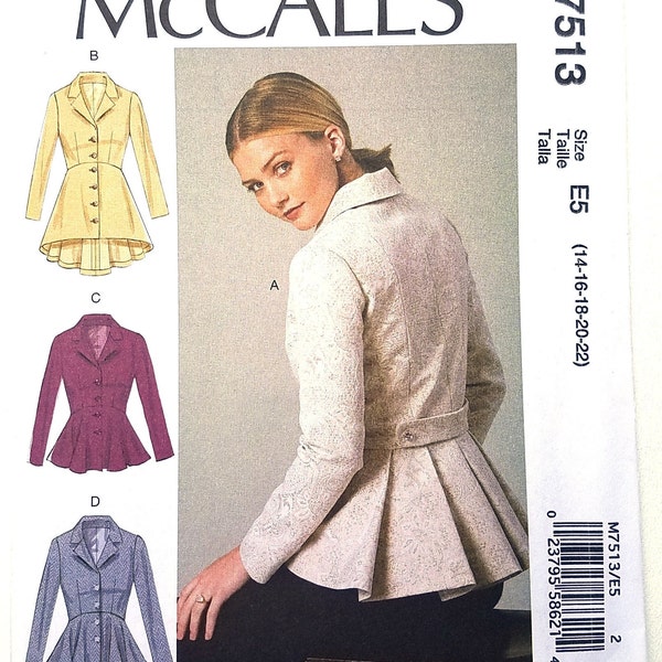 Peplum Jacket Pattern, McCalls 7513, Fitted Jacket with Length and Hem Variations, Misses Sizes 14 to 22, NEW OOP Pattern - NP3957