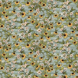 May include: A repeating pattern of yellow sunflowers and white flowers with green leaves on a light blue wooden plank background. The floral design is a seamless pattern, suitable for fabric or wallpaper.