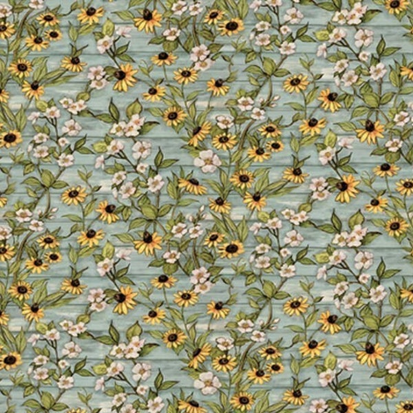 Floral Fabric, Sunflower Small Daisy Print on Aqua, Susan Winget, All Over Daisies, NEW OOP Floral Fabric BTHY - 1/2 Yard - NF2717