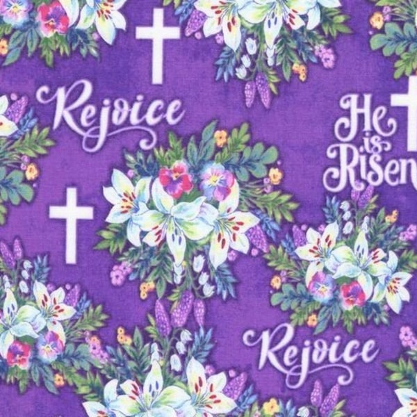 Easter He Is Risen Fabric, Lily Floral Bouquet on Purple, Robert Kaufman Design, NEW Faith Holiday Fabric BTHY - 1/2 Yard - NF5290