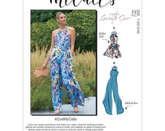 May include: McCall's sewing pattern M8069. The pattern features a woman wearing a blue floral print jumpsuit. The pattern also includes illustrations of the jumpsuit and a dress. The text "#ZoeMcCalls" is visible.