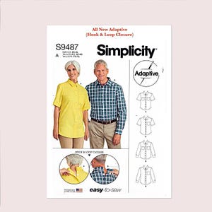 May include: A Simplicity sewing pattern for adaptive shirts, showing a yellow short-sleeved shirt and a blue and green plaid shirt. The pattern includes hook and loop closure instructions and is easy-to-sew. Sizes XS-XL.