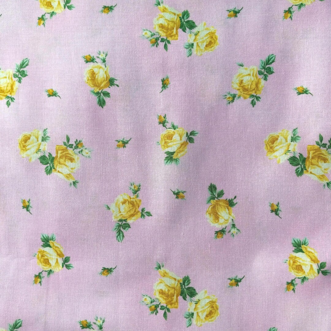 Yellow Roses on Pink Floral Fabric, Pink Yellow Green, Romantic Medium ...