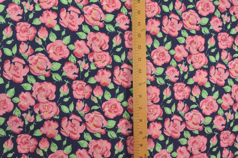 Pink Rose Floral Fabric on Navy Blue, Shabby Chic Floral, Medium Sized ...