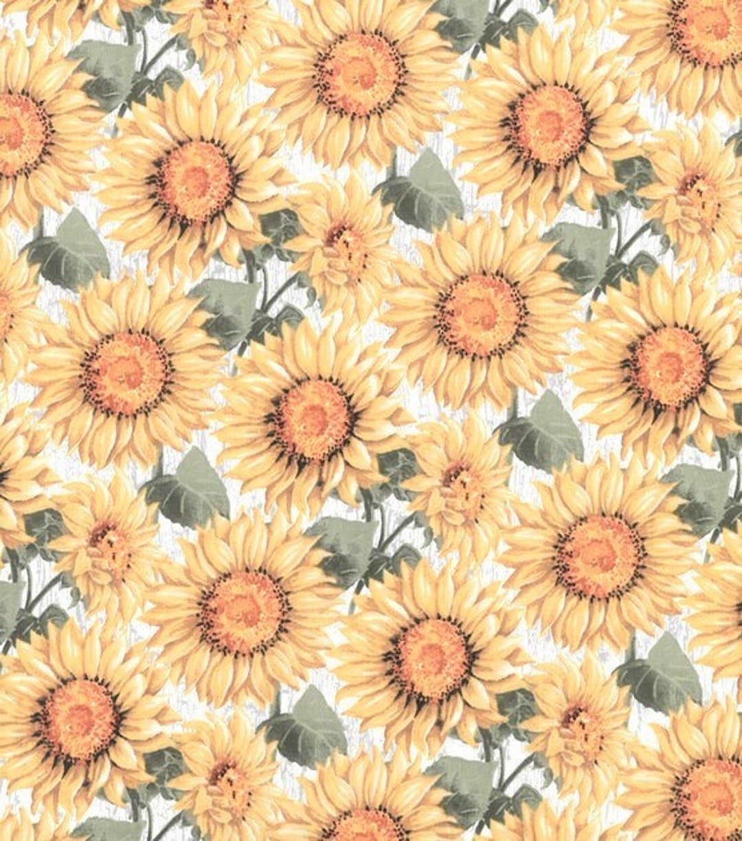 Sunflower Floral Fabric, Sunflowers on Distressed Wood, Fall Summer