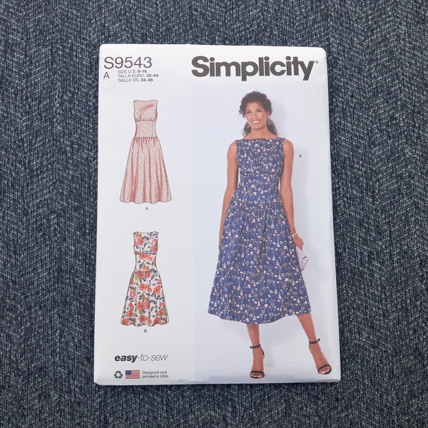 Fitted Dress Pattern, Midriff Panel, Bateau Neckline, Easy to Sew, Simplicity 9543, Misses Sizes 6 to 18, NEW Pattern - NP3547