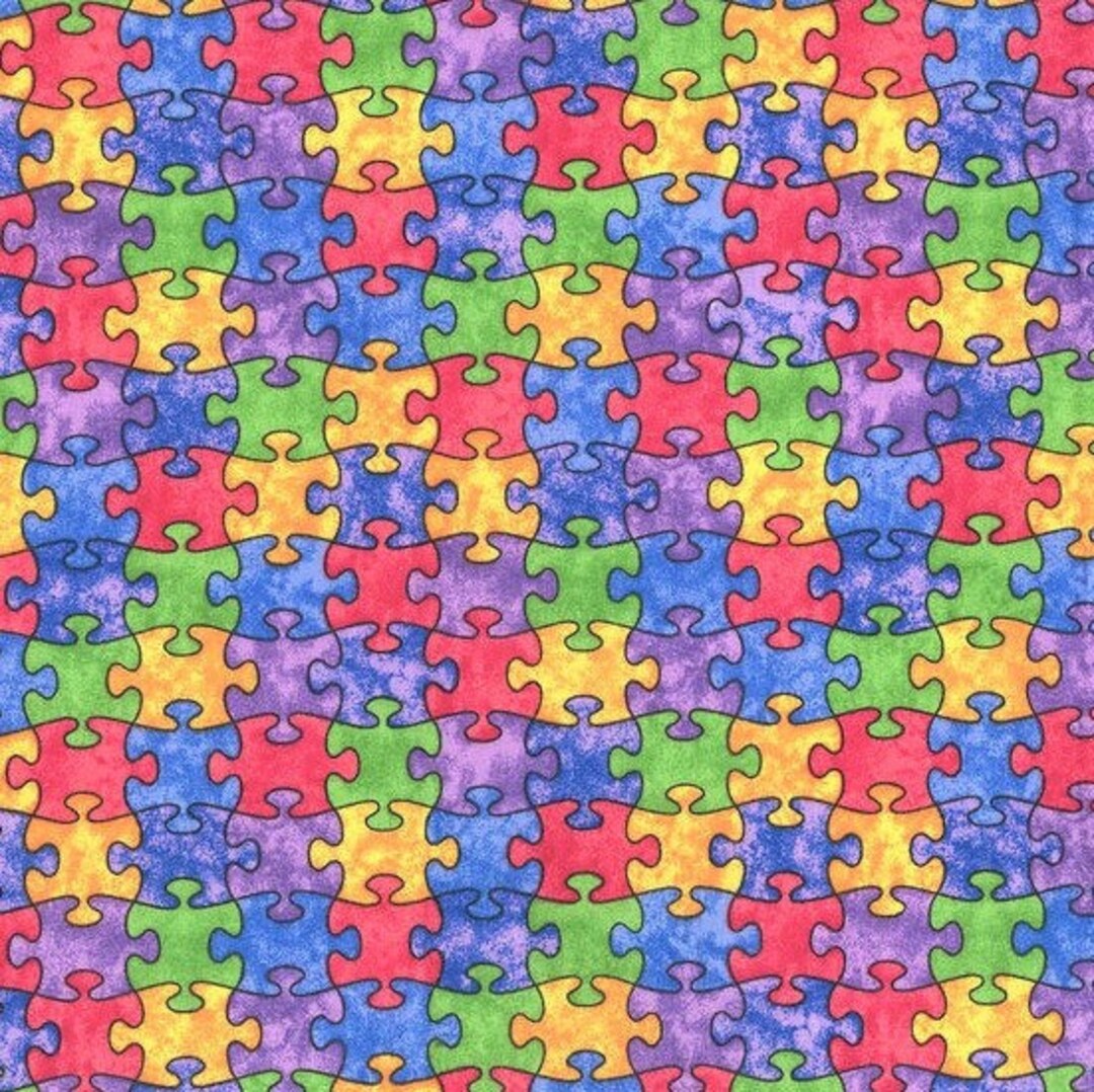 Jigsaw Puzzle Fabric, Colorful Rainbow Puzzle, Childrens Fabric, Autism