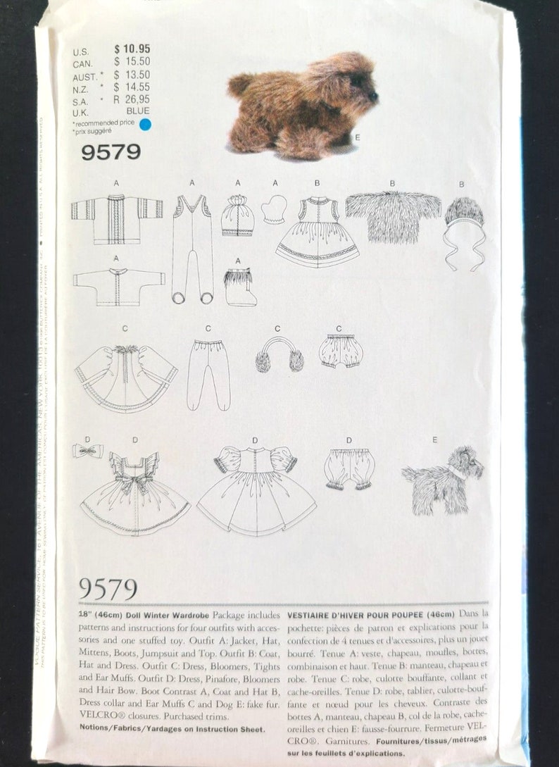 May include: A sewing pattern for a doll's winter wardrobe, including a jacket, hat, mittens, boots, jumpsuit, dress, bloomers, and a stuffed dog. The package includes instructions for four outfits and accessories. The doll is 18 inches (46cm) tall.