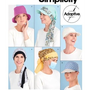 May include: Simplicity sewing pattern featuring various adaptive hats and head coverings. The image showcases a range of styles, including a pink bucket hat, a blue cap with a floral scarf, and a white visor. The text "easy-to-sew" is also visible.