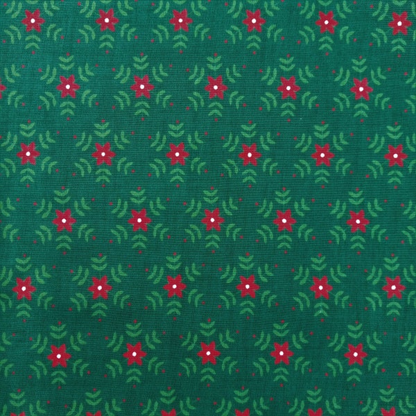 Vintage Christmas Snowflake Fabric, Medium Snowflakes on Dark Green with Red, OOP Winter Holiday Fabric BTHY - 1/2 Yard - VW4114