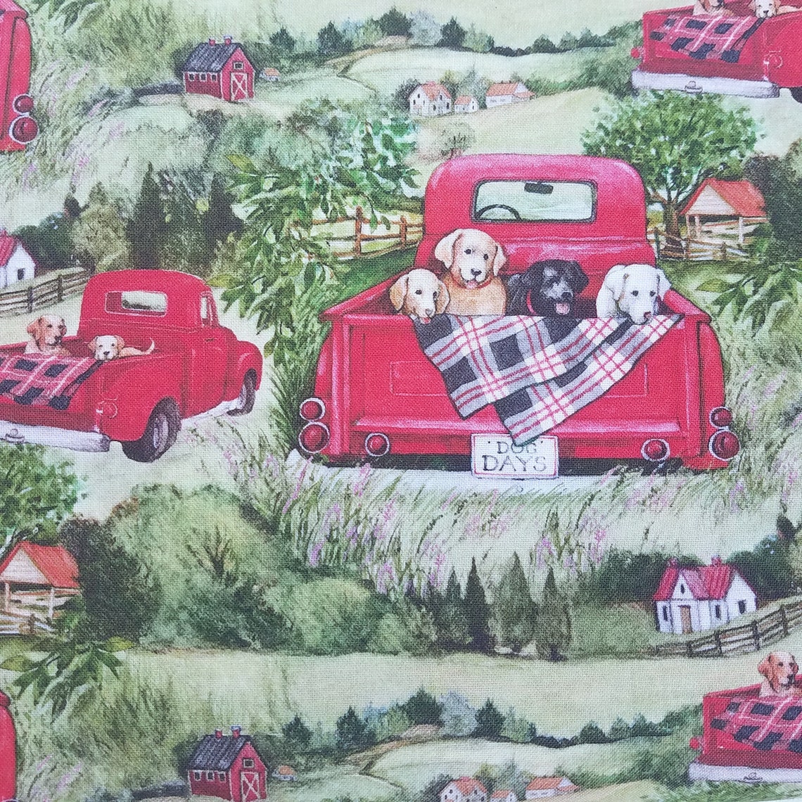 Red Truck Fabric with Puppies Dogs in Truck by Susan Winget Etsy