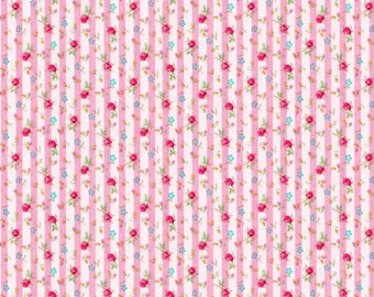 Striped Floral Fabric, Dainty Floral Print, Small Red Rose Floral Pink Stripes, NEW Fabric BTHY, 1/2 Yard - NF4350