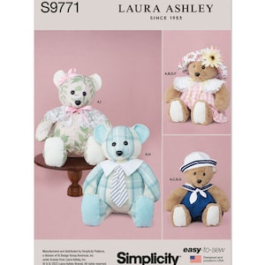 May include: A sewing pattern featuring teddy bears in various outfits. One bear wears a floral dress and bonnet, another a sailor outfit, and a third a plaid suit and tie. The pattern is labeled "Laura Ashley" and "Simplicity."