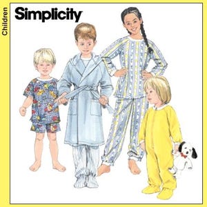 May include: A Simplicity pattern featuring children's sleepwear. The image displays four children modelling different sleepwear styles, including striped pyjamas, a yellow onesie, and a blue robe. The word "Simplicity" is visible at the top.