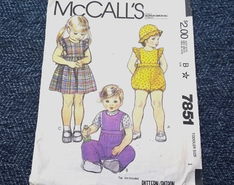 Vintage Baby Dress and Romper Pattern, Jumpsuit, Jumper and Hat, 1980s Style, McCalls 7851, Toddler Size 1, RARE OOP Pattern - VP2398