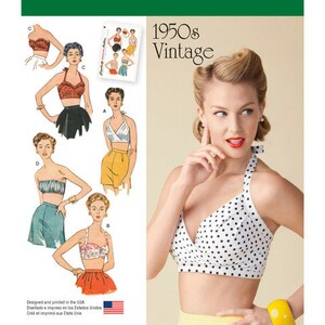 May include: A Simplicity 1426 vintage sewing pattern for 1950s-style halter tops and bras. The image shows illustrations of different designs, a woman in a polka dot halter top, and the text "Simplicity" and "1950s Vintage".
