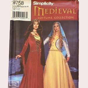 Medieval Dress Cape Veil Costume Pattern, Trumpet Sleeves, Andrea Schewe, Simplicity 9758, Misses 6-12, RARE OOP UNCUT Pattern - UP6793