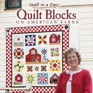May include: The book cover, "Quilt Blocks on American Barns", displays a quilt with barn-themed blocks. The quilt has a red and white checkered border. The background is a white wooden wall. The book title is in a burgundy font.