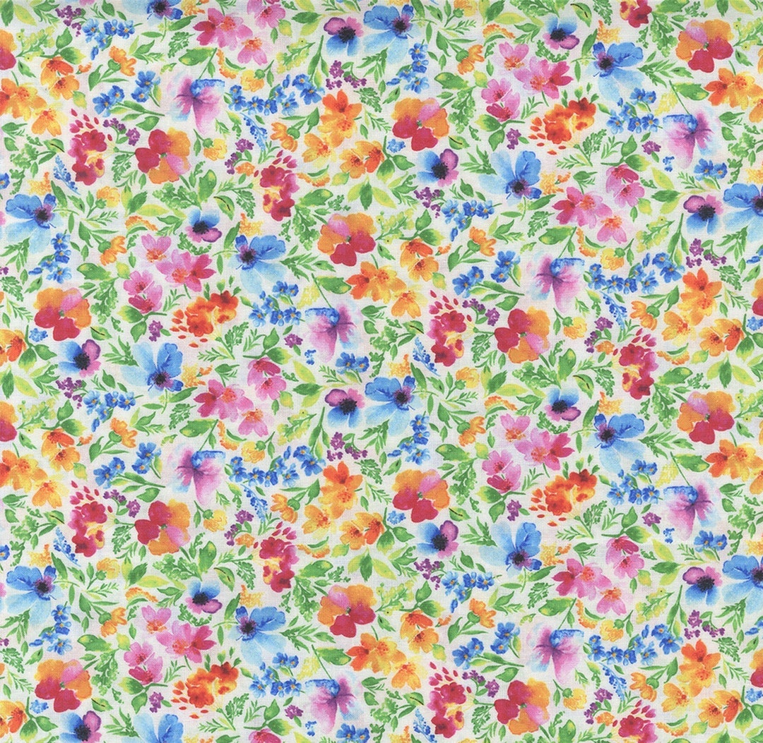 Rainbow Floral Garden Fabric, Colorful Flower Print on White, Cheerful ...
