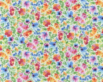 Rainbow Floral Garden Fabric, Colorful Flower Print on White, Cheerful Spring Summer Fabric, NEW Fabric - 21 Inches - NF5547