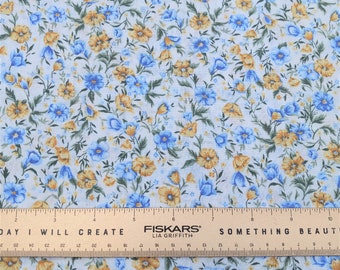 Vintage Calico Fabric, Blue Yellow Floral on Cream, Marcus Bros, 1980s Small Floral, OOP Vintage Floral Fabric - 17 Inches - VW5504