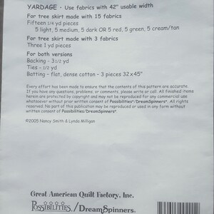 May include: A printed paper pattern for a patchwork Christmas tree skirt. The text includes yardage requirements, fabric details, and the diameter of the finished skirt, which is approximately 54 inches.