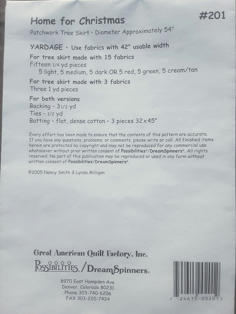 May include: A printed paper pattern for a patchwork Christmas tree skirt. The text includes yardage requirements, fabric details, and the diameter of the finished skirt, which is approximately 54 inches.