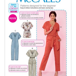 May include: McCall's sewing pattern for beginners, featuring a woman in an orange jumpsuit. The pattern includes instructions for an invisible zipper, facings, and a belt. The text reads "Learn to Sew for Fun Level 2" and "Petite."