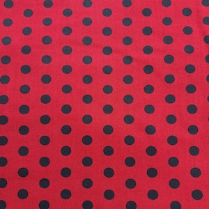 May include: A vibrant red fabric featuring a repeating pattern of solid black polka dots arranged in uniform vertical and horizontal rows across the entire surface, creating a classic and consistent geometric design throughout the textile material.