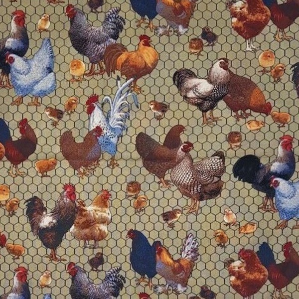 Chickens, Hens and Roosters Fabric, Beige Chicken Wire Background, Farm Animals, NEW OOP Fabric BTHY - 1/2 Yard - NF4417