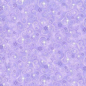 May include: A light purple fabric featuring a repeating pattern of white swirling lines, small dark purple flowers, and four-pointed starburst shapes scattered across the surface. The design has a soft, mottled texture throughout the background.