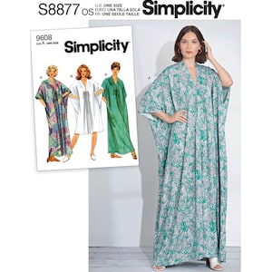 May include: A teal caftan with a white floral design is worn by a woman. The caftan has a V-neck and wide sleeves. A pattern envelope shows three caftans in different colours. The text "Simplicity" and "S8877 OS" are visible.