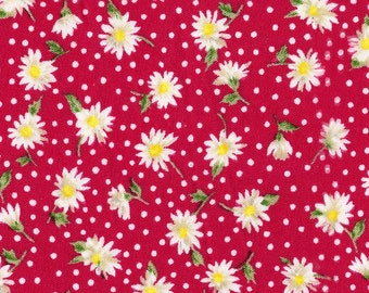 Daisy Print on Red Floral Fabric, Small Daisies and Dots, Dressmaking, Hair Bow Fabric, NEW Fabric BTHY - 1/2 Yard - NF5313