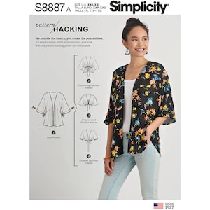 May include: A woman wearing a black floral kimono with a white top and light blue jeans. The image includes a Simplicity pattern with the text "pattern hacking" and illustrations of different kimono styles. The pattern is size XXS-XXL.