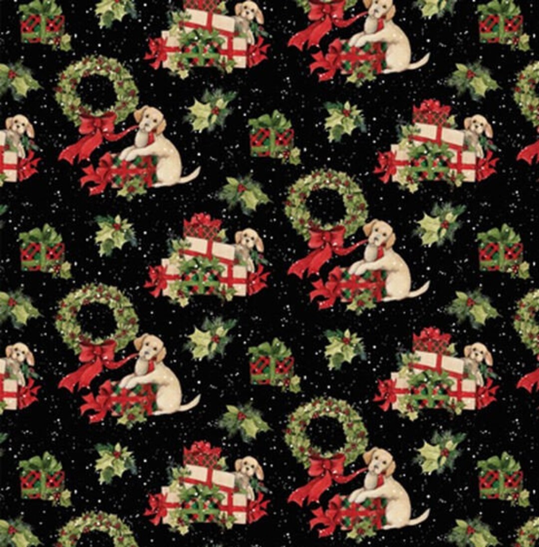 Christmas Fabric With Dogs Puppy With Holly Wreath and Etsy
