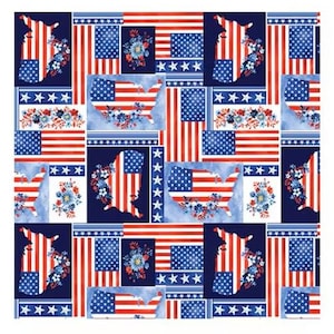 May include: A fabric pattern featuring a repeating collage of United States maps, American flags, and blue, red, and white floral arrangements. The design includes rectangular sections with stars and stripes, all rendered in a patriotic colour palette.