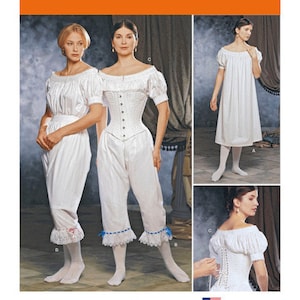May include: Simplicity sewing pattern 1139 featuring historical women's clothing. The image shows multiple views of white dresses, a corset, and bloomers. The Fashion Historian Martha McCain is credited.