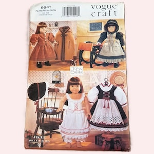 May include: Vogue Craft doll pattern showing different doll outfits. The image displays a doll in a brown dress, a cape, and other outfits. The pattern includes the text "9641" and "Vogue Doll Collection."