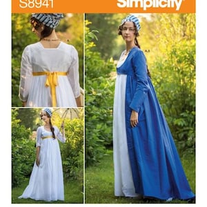 May include: Simplicity pattern S8941 featuring a Regency-style dress with a high waist, long sleeves, and a full-length skirt. The design includes a white gown with a yellow sash and an optional blue overcoat, paired with a matching patterned headpiece.
