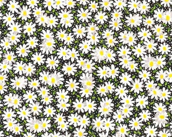 Daisy Floral Fabric on Black, White Daisies Print, NEW Fabric BTHY - Per HALF Yard - NF4195